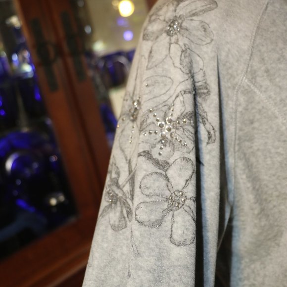 Women's Gray Velvet-Like Rhinestone Embellished Zippered Jacket- 1X - Picture 3 of 6